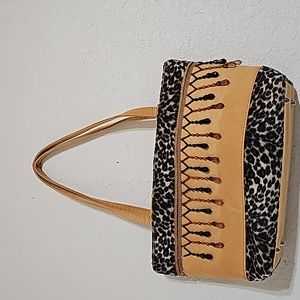 Tan and leopard beaded shoulder bag